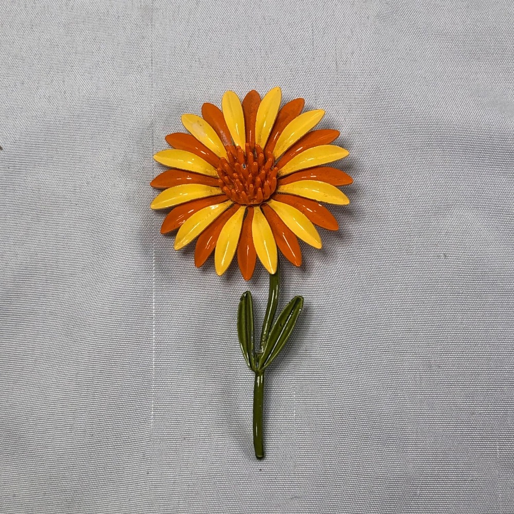 Vintage 60s Enamel Flower Brooch Orange Yellow Daisy Pin Retro Mid Century